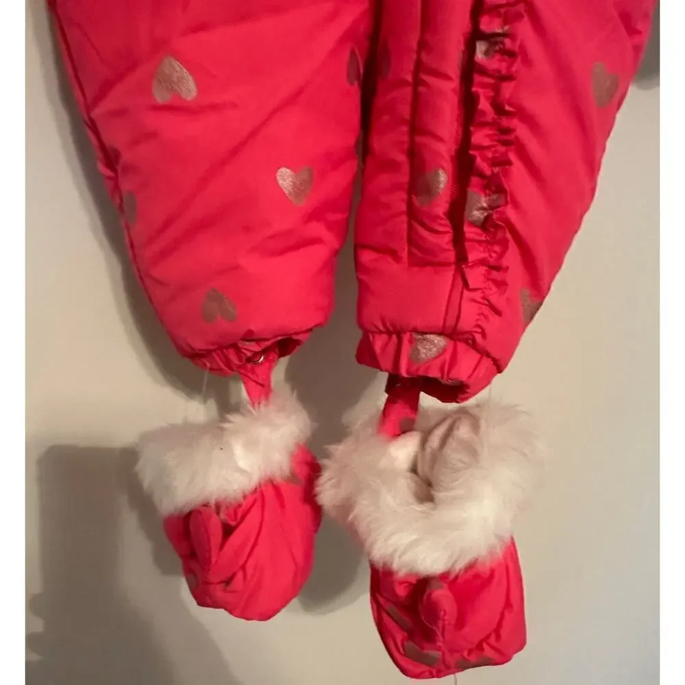NWT Absorba Pink Heart Faux Fur Lined 3 Piece Set Hooded Snowsuit Sz 3-6M